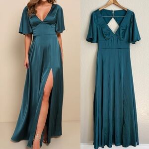 Elegant Confidence Teal Satin Flutter Sleeve Cutout Maxi Dress